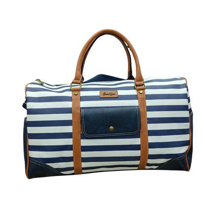 Cotton Road Travel Bag: Navy Blue & White Stripes PVC Weekend / Overnight Bag with Tan Trim FRONT VIEW