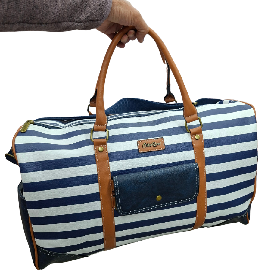 Cotton Road Travel Bag: Navy Blue & White Stripes PVC Weekend / Overnight Bag with Tan Trim FRONT VIEW IN HAND