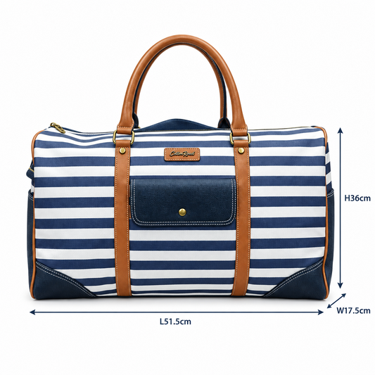 Cotton Road Travel Bag: Navy Blue & White Stripes PVC Weekend / Overnight Bag with Tan Trim