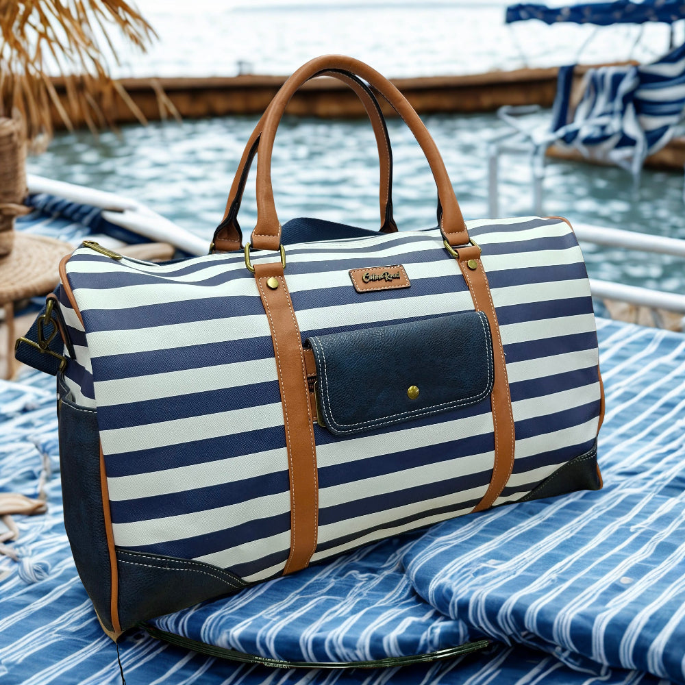 Cotton Road Travel Bag: Navy Blue & White Stripes PVC Weekend / Overnight Bag with Tan Trim HERO