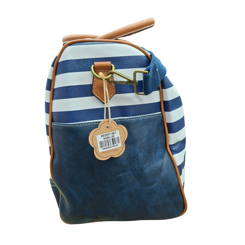 Cotton Road Travel Bag: Navy Blue & White Stripes PVC Weekend / Overnight Bag with Tan Trim SIDE VIEW