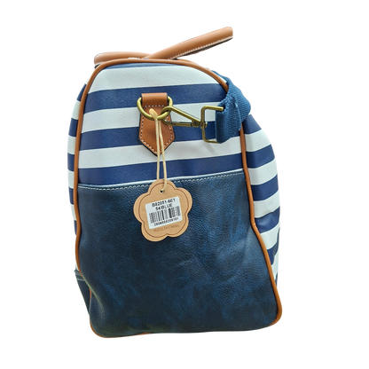 Cotton Road Travel Bag: Navy Blue & White Stripes PVC Weekend / Overnight Bag with Tan Trim SIDE VIEW