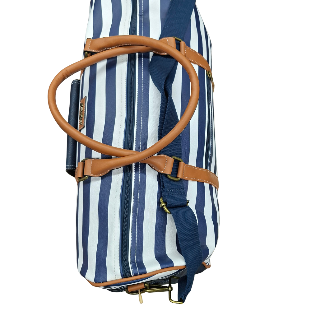 Cotton Road Travel Bag: Navy Blue & White Stripes PVC Weekend / Overnight Bag with Tan Trim TOP VIEW
