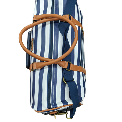 Cotton Road Travel Bag: Navy Blue & White Stripes PVC Weekend / Overnight Bag with Tan Trim TOP VIEW