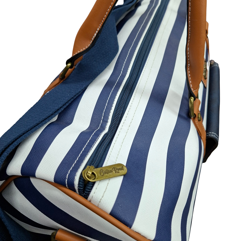 Cotton Road Travel Bag: Navy Blue & White Stripes PVC Weekend / Overnight Bag with Tan Trim TOP ZIP VIEW