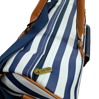 Cotton Road Travel Bag: Navy Blue & White Stripes PVC Weekend / Overnight Bag with Tan Trim TOP ZIP VIEW