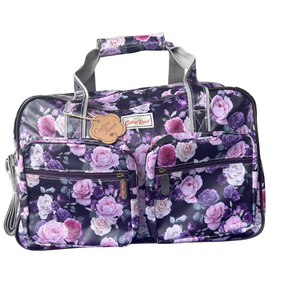 Cotton Road Travel Bag: PURPLE PVC Overnight Bag with ROSES