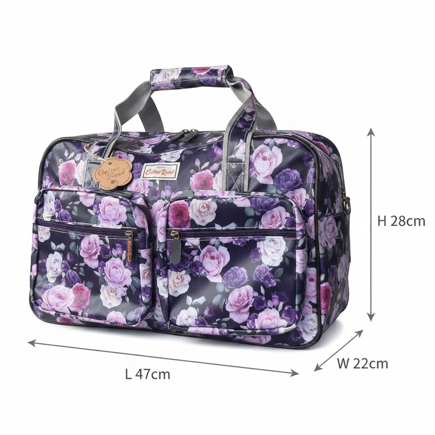 Cotton Road Travel Bag: PURPLE PVC Overnight Bag with ROSES