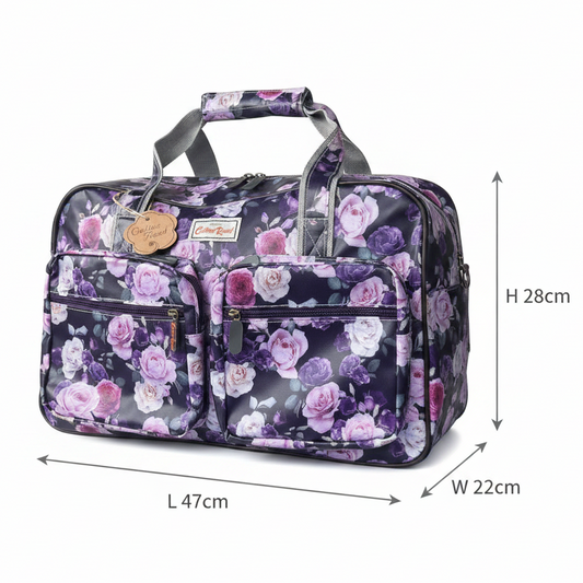 Cotton Road Travel Bag: PURPLE PVC Overnight Bag with ROSES