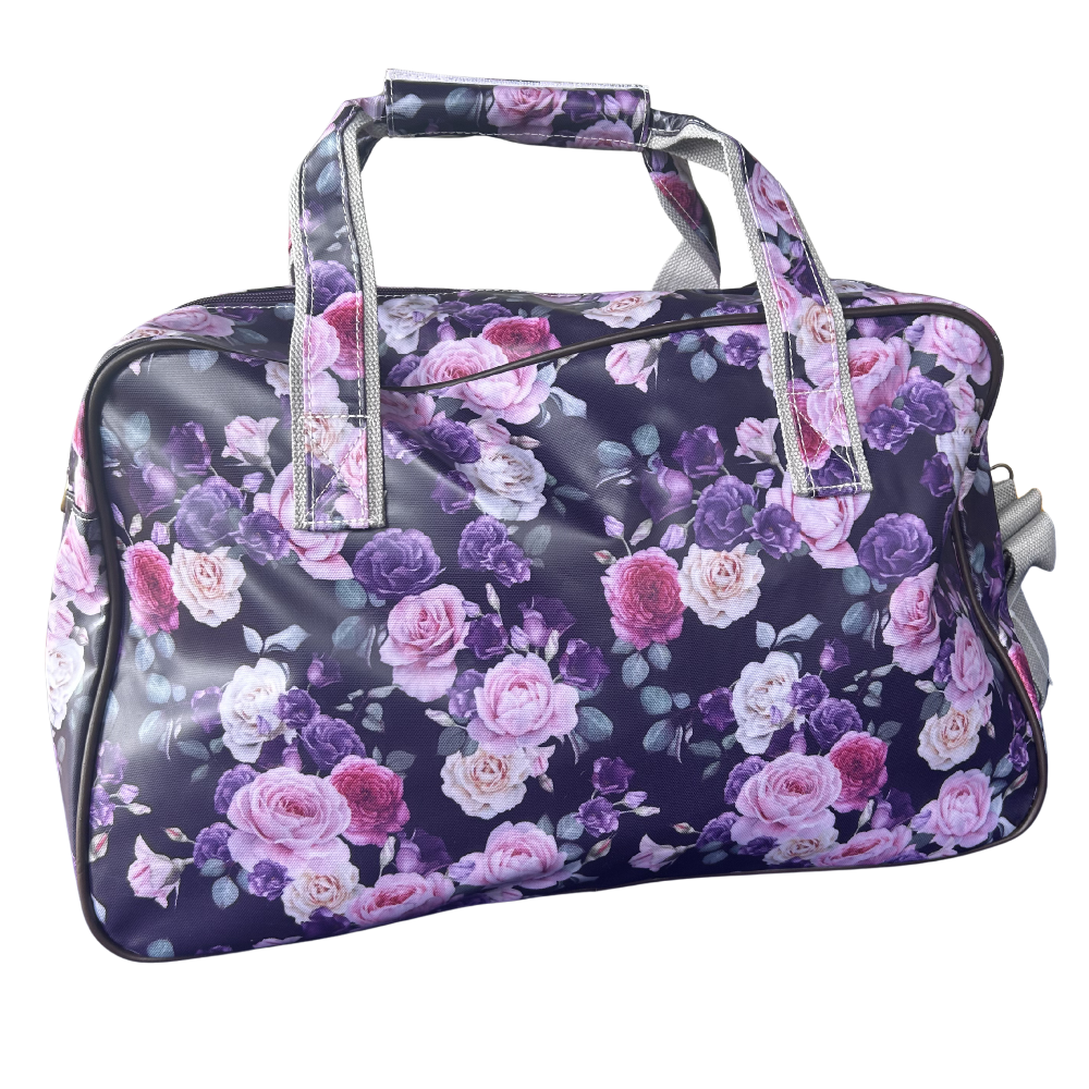 Cotton Road Travel Bag: PURPLE PVC Overnight Bag with ROSES BACK VIEW
