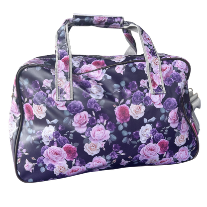 Cotton Road Travel Bag: PURPLE PVC Overnight Bag with ROSES BACK VIEW