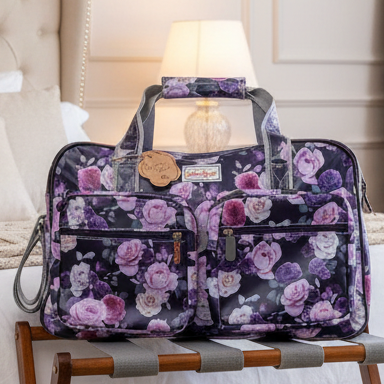 Cotton Road Travel Bag: PURPLE PVC Overnight Bag with ROSES LIFESTYLE