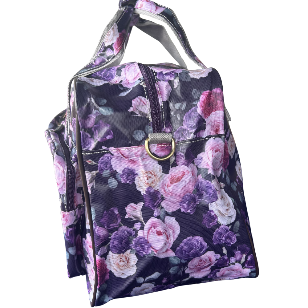 Cotton Road Travel Bag: PURPLE PVC Overnight Bag with ROSES SIDE VIEW