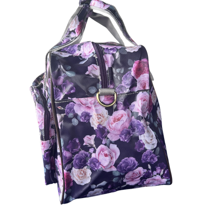 Cotton Road Travel Bag: PURPLE PVC Overnight Bag with ROSES SIDE VIEW