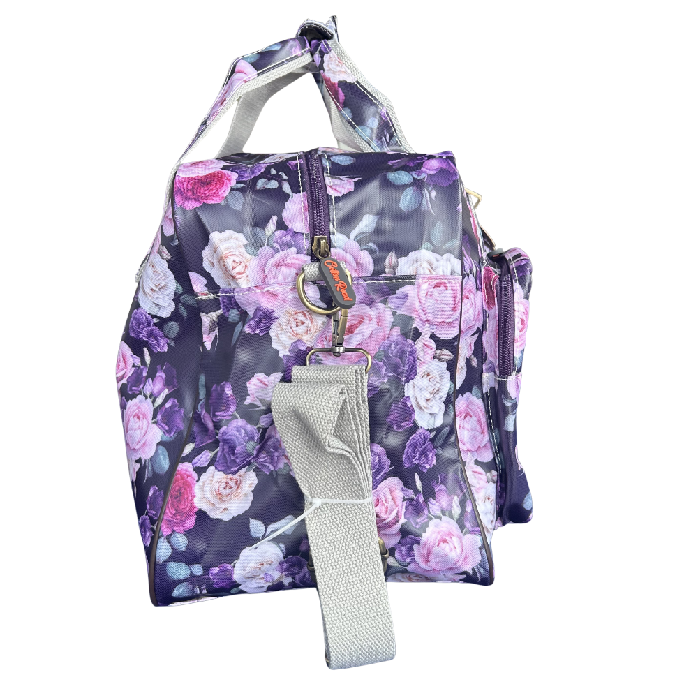 Cotton Road Travel Bag: PURPLE PVC Overnight Bag with ROSES STRAP SET