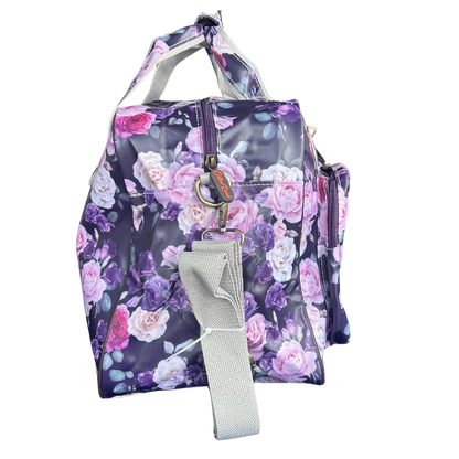 Cotton Road Travel Bag: PURPLE PVC Overnight Bag with ROSES STRAP SET