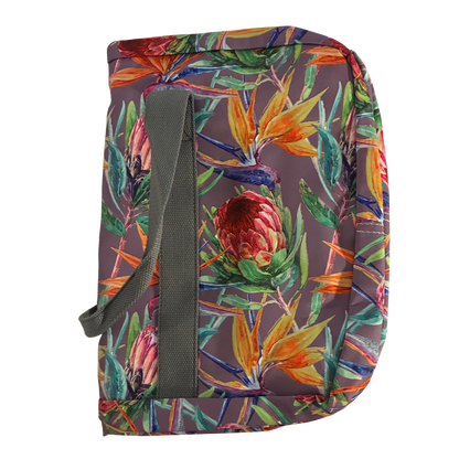 Cotton Road Travel Bag: Purple Soft Linen Overnight Bag with Colourfull Protea detailing folded