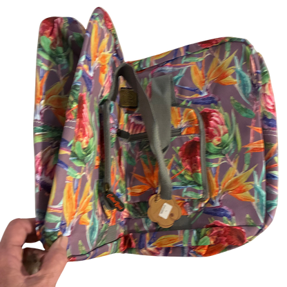 Cotton Road Travel Bag: Purple Soft Linen Overnight Bag with Colourfull Protea detailing unfolding