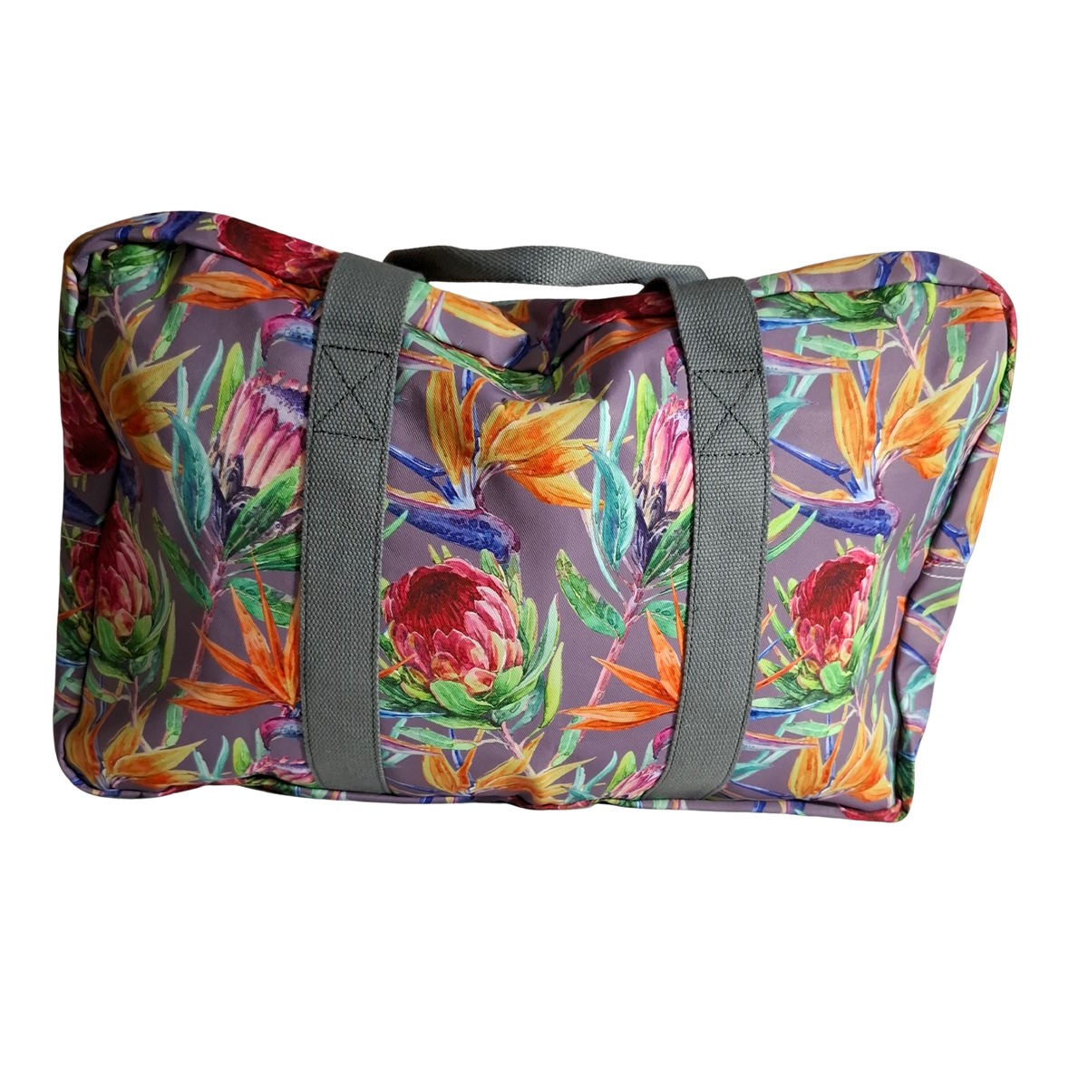 Cotton Road Travel Bag: Purple Soft Overnight Bag with Colourfull Protea detailing BACK VIEW