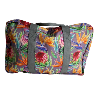 Cotton Road Travel Bag: Purple Soft Overnight Bag with Colourfull Protea detailing BACK VIEW