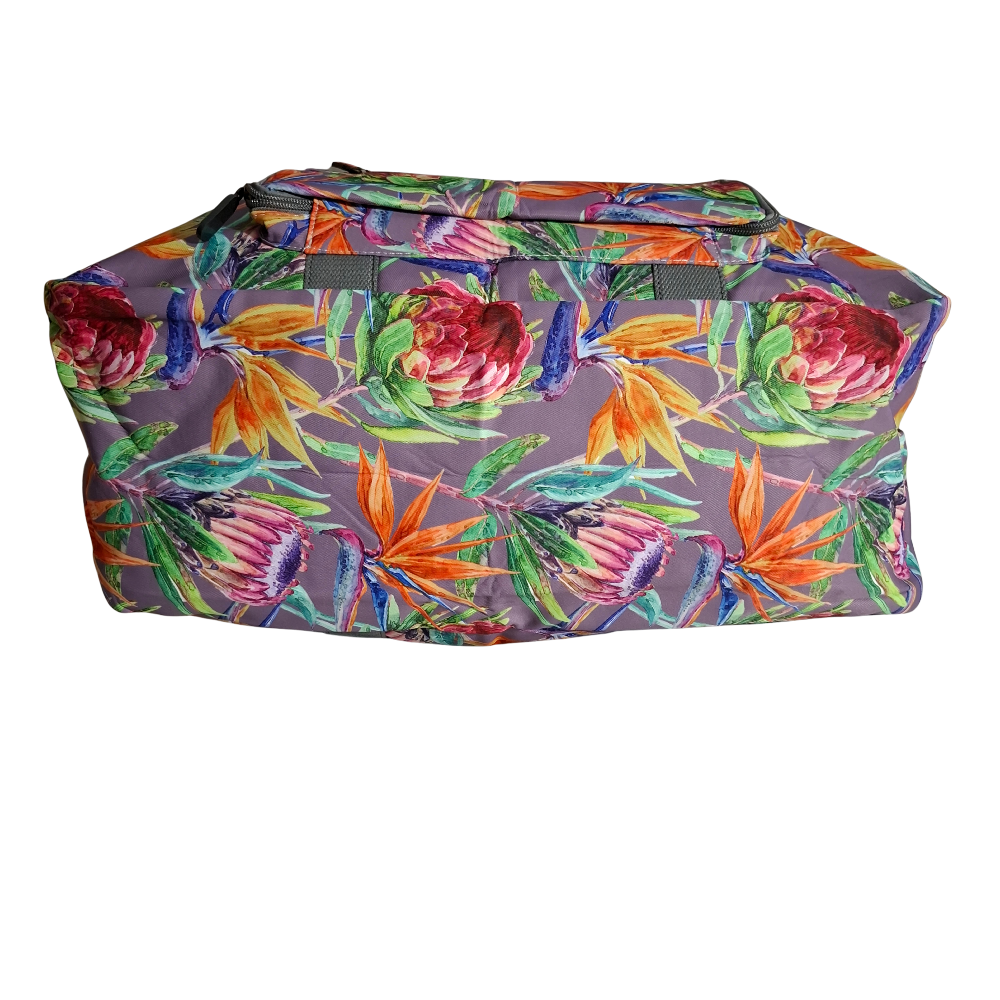 Cotton Road Travel Bag: Purple Soft Overnight Bag with Colourfull Protea detailing BOTTOM VIEW