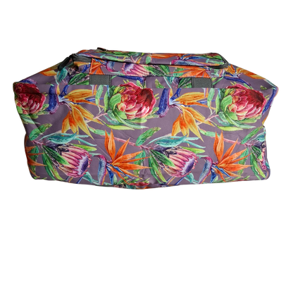 Cotton Road Travel Bag: Purple Soft Overnight Bag with Colourfull Protea detailing BOTTOM VIEW