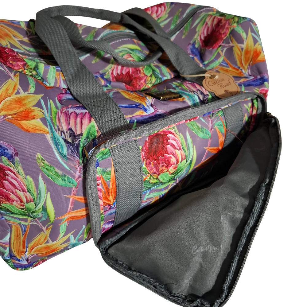 Cotton Road Travel Bag: Purple Soft Overnight Bag with Colourfull Protea detailing FRONT OPEN VIEW