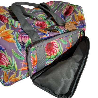 Cotton Road Travel Bag: Purple Soft Overnight Bag with Colourfull Protea detailing FRONT OPEN VIEW