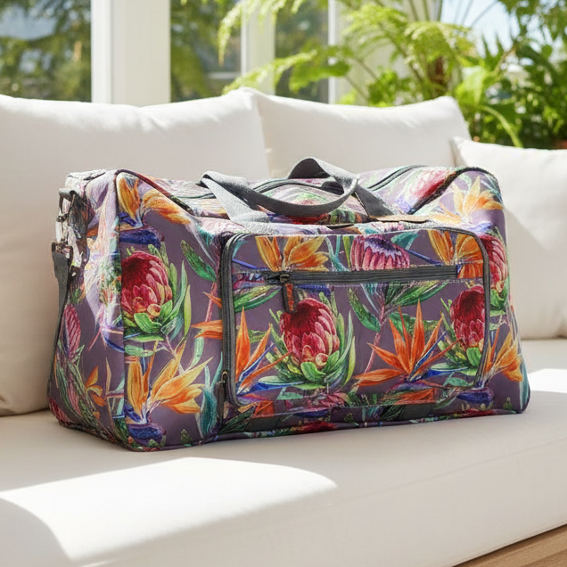 Cotton Road Travel Bag: Purple Soft Overnight Bag with Colourfull Protea detailing HERO