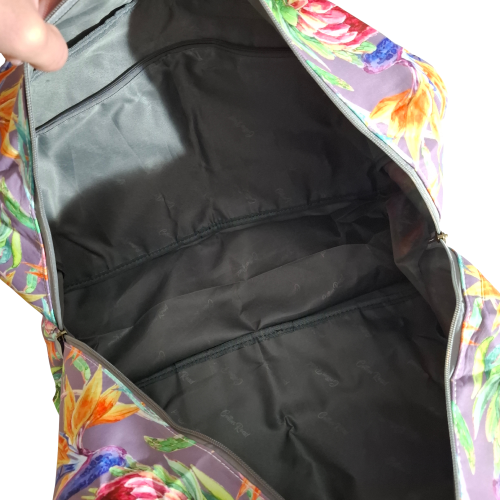 Cotton Road Travel Bag: Purple Soft Overnight Bag with Colourfull Protea detailing OPEN VIEW