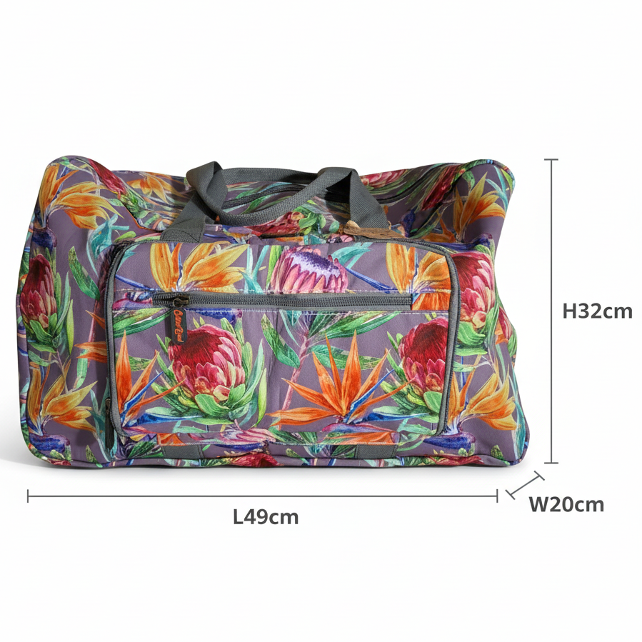 Cotton Road Travel Bag: Purple Soft Overnight Bag with Colourfull Protea detailing SIZE