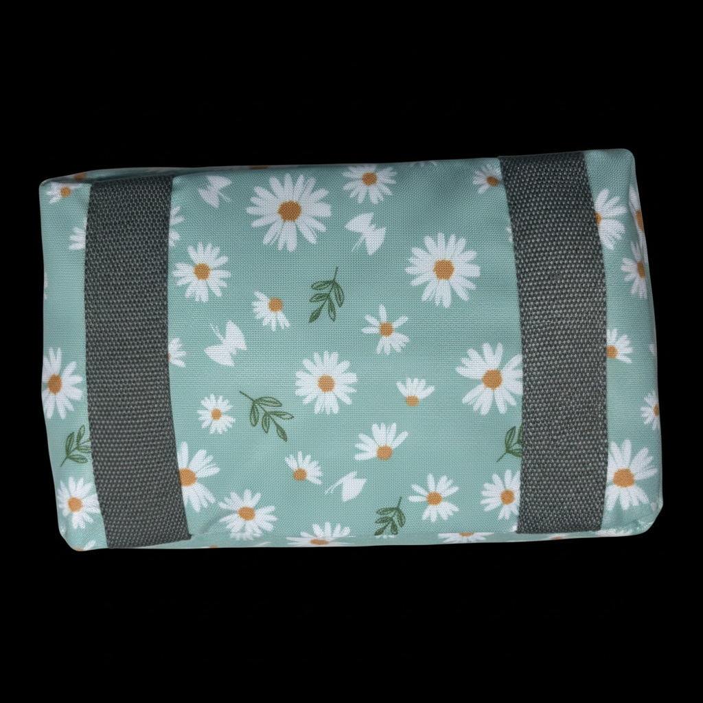 Cotton Road Travel Bag: TURQUOISE PVC Foldaway WEEKENDER TRAVEL Bag with DAISIES FOLDED FRONT VIEW