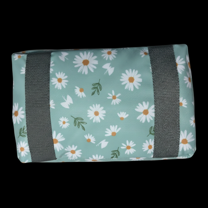Cotton Road Travel Bag: TURQUOISE PVC Foldaway WEEKENDER TRAVEL Bag with DAISIES FOLDED FRONT VIEW