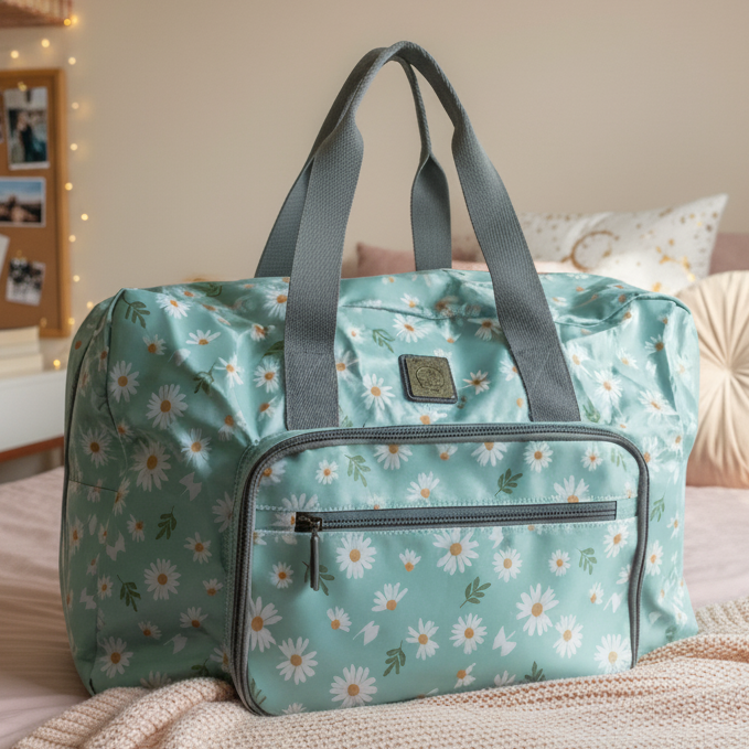Cotton Road Travel Bag: TURQUOISE PVC Foldaway WEEKENDER TRAVEL Bag with DAISIES LIFESTYLE