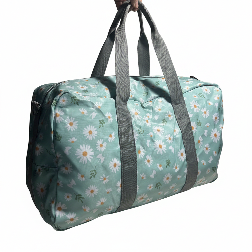 Cotton Road Travel Bag: TURQUOISE PVC Foldaway WEEKENDER TRAVEL Bag with DAISIES OPEN BACK VIEW