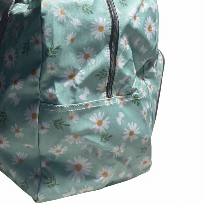 Cotton Road Travel Bag: TURQUOISE PVC Foldaway WEEKENDER TRAVEL Bag with DAISIES OPEN SIDE VIEW