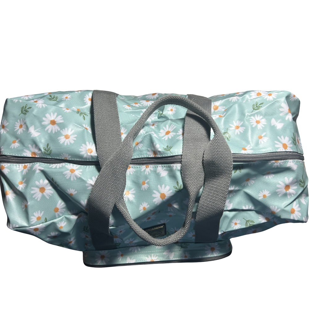 Cotton Road Travel Bag: TURQUOISE PVC Foldaway WEEKENDER TRAVEL Bag with DAISIES OPEN TOP VIEW
