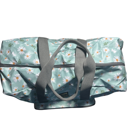 Cotton Road Travel Bag: TURQUOISE PVC Foldaway WEEKENDER TRAVEL Bag with DAISIES OPEN TOP VIEW