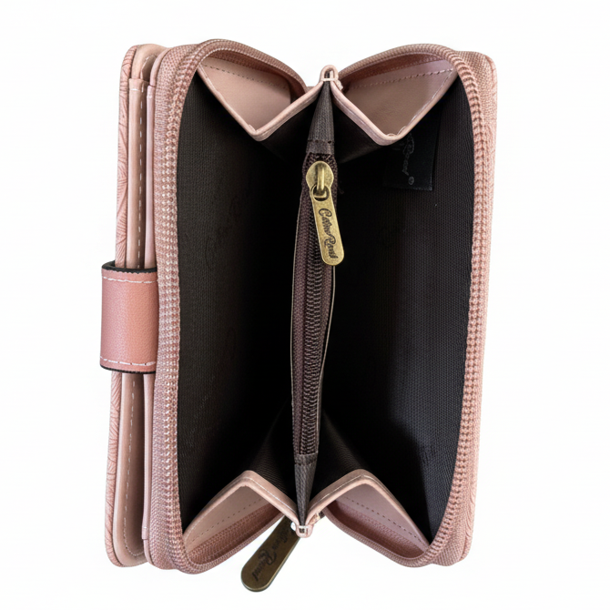 Cotton Road WALLET: PINK PU Leather with LEAF Design OPEN