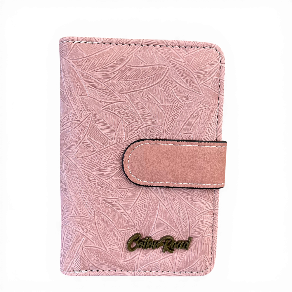 Cotton Road WALLET: PINK PU Leather with LEAF Design FRONT VIEW