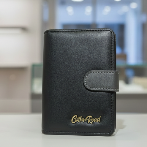 Cotton Road Wallet: BLACK Medium PU Leather Wallet with DARK GREY clip cover