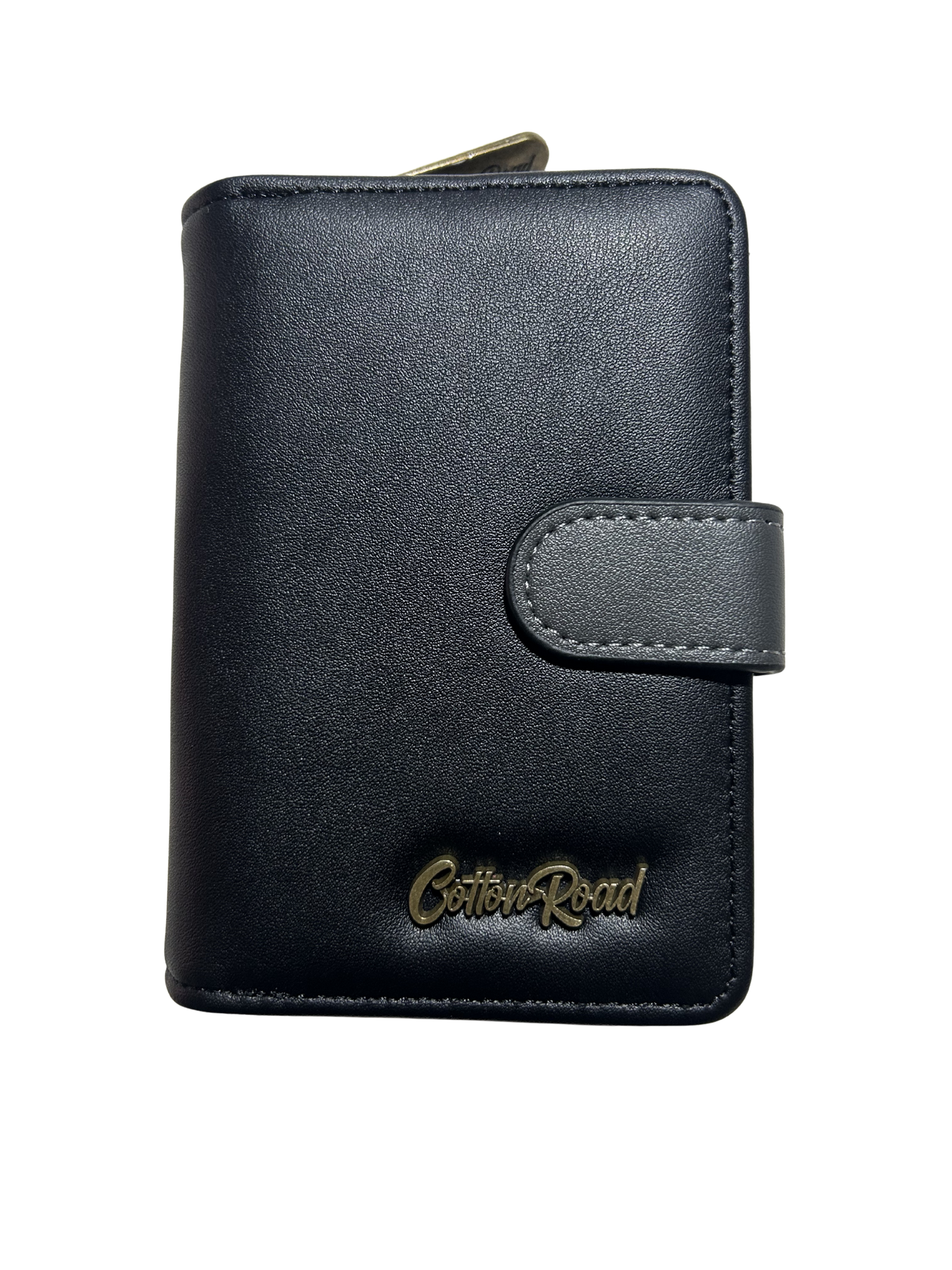 Cotton Road Wallet: BLACK Medium PU Leather Wallet with DARK GREY clip cover FRONT