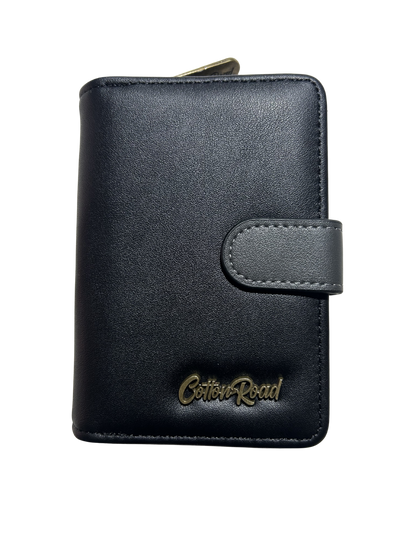 Cotton Road Wallet: BLACK Medium PU Leather Wallet with DARK GREY clip cover FRONT