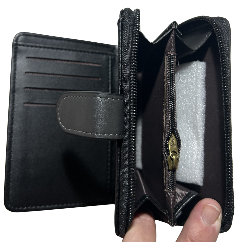 Cotton Road Wallet: BLACK Medium PU Leather Wallet with DARK GREY clip cover OPEN POCKETS