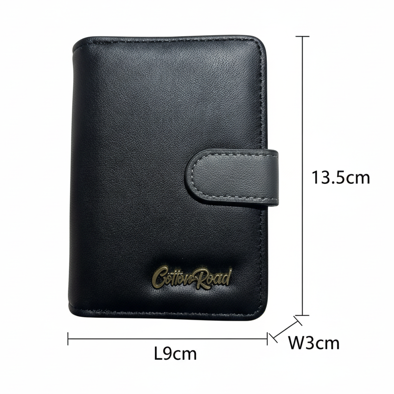 Cotton Road Wallet: BLACK Medium PU Leather Wallet with DARK GREY clip cover SIZED