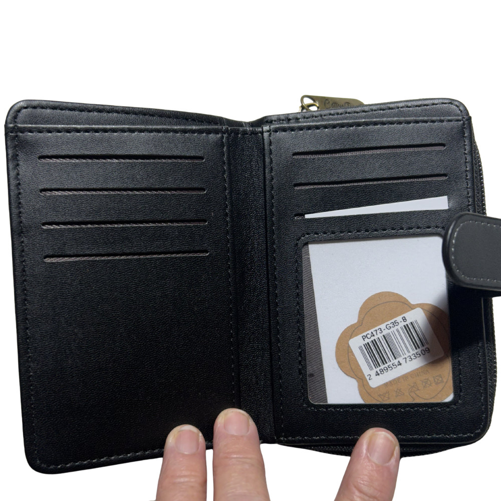 Cotton Road Wallet: BLACK Medium PU Leather Wallet with DARK GREY clip cover SIZED ID POCKET