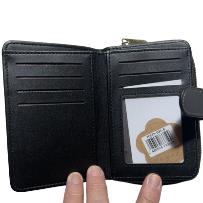 Cotton Road Wallet: BLACK Medium PU Leather Wallet with DARK GREY clip cover SIZED ID POCKET