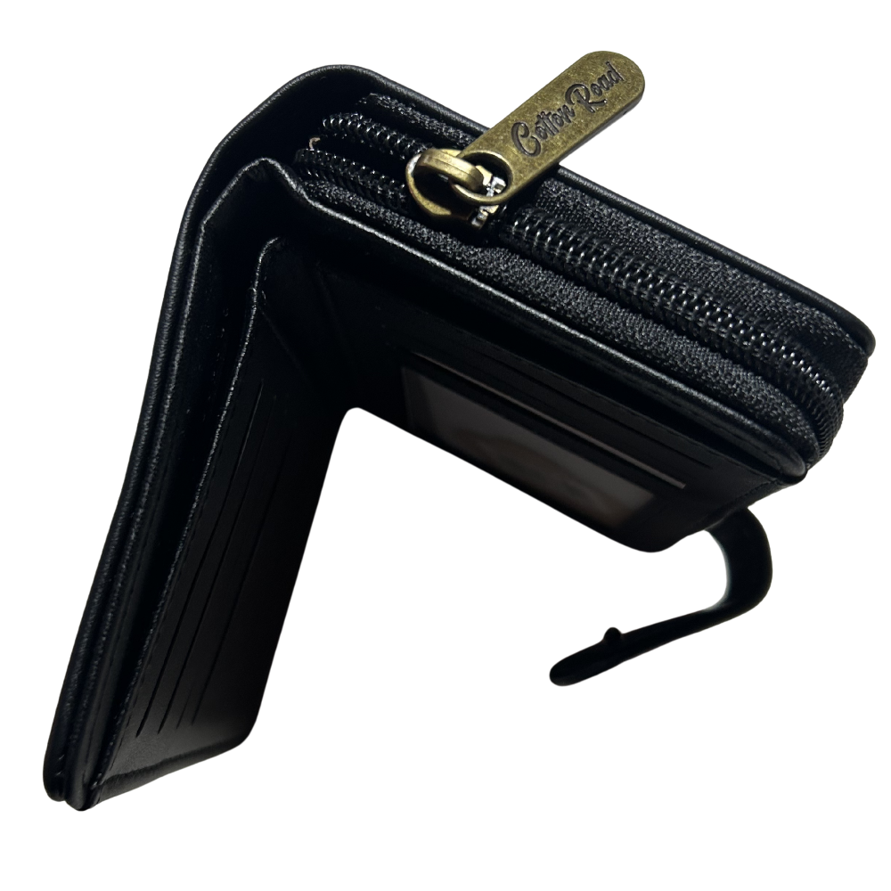 Cotton Road Wallet: BLACK Medium PU Leather Wallet with DARK GREY clip cover TOP OPEN