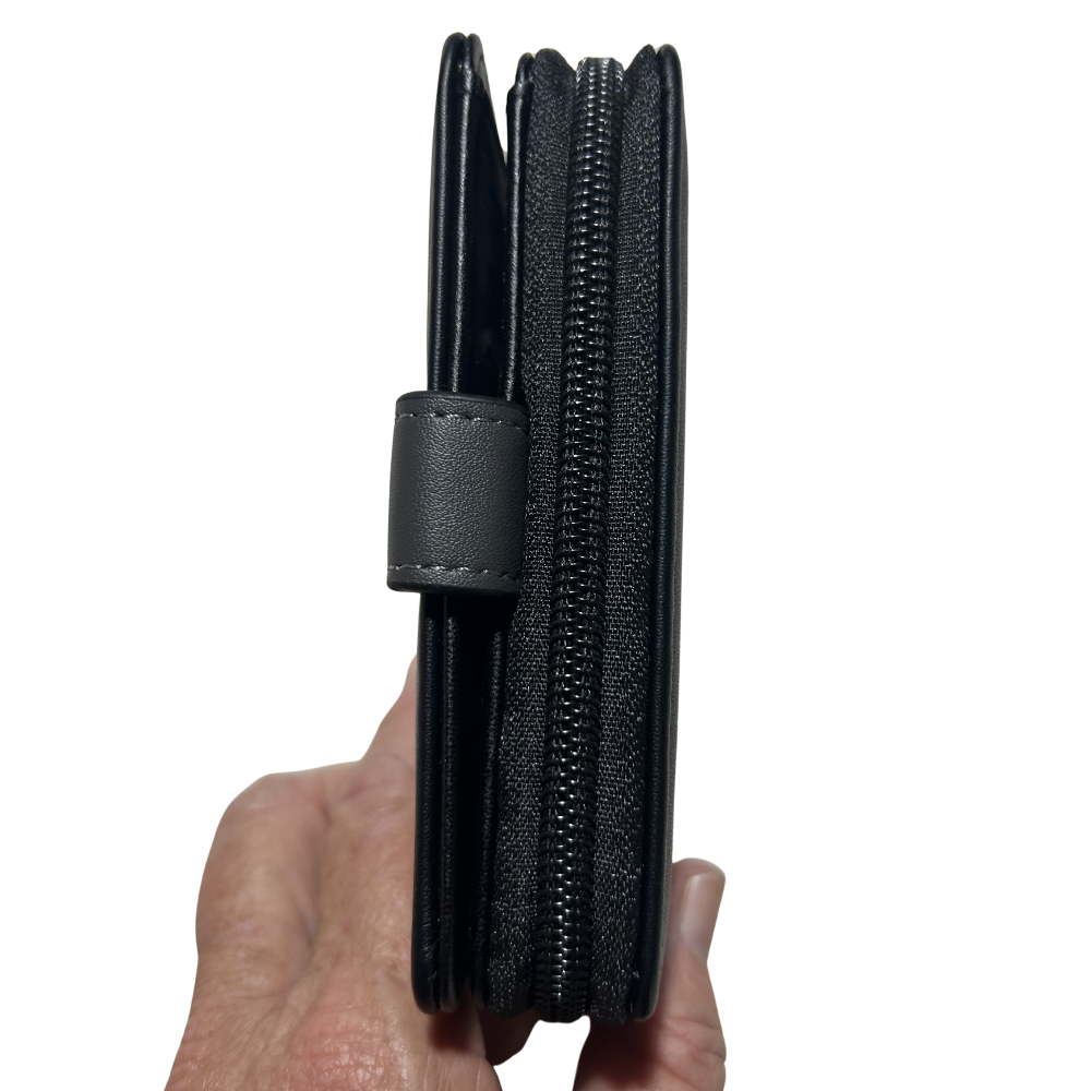 Cotton Road Wallet: BLACK Medium PU Leather Wallet with DARK GREY clip cover TOP ZIP