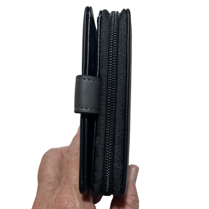Cotton Road Wallet: BLACK Medium PU Leather Wallet with DARK GREY clip cover TOP ZIP